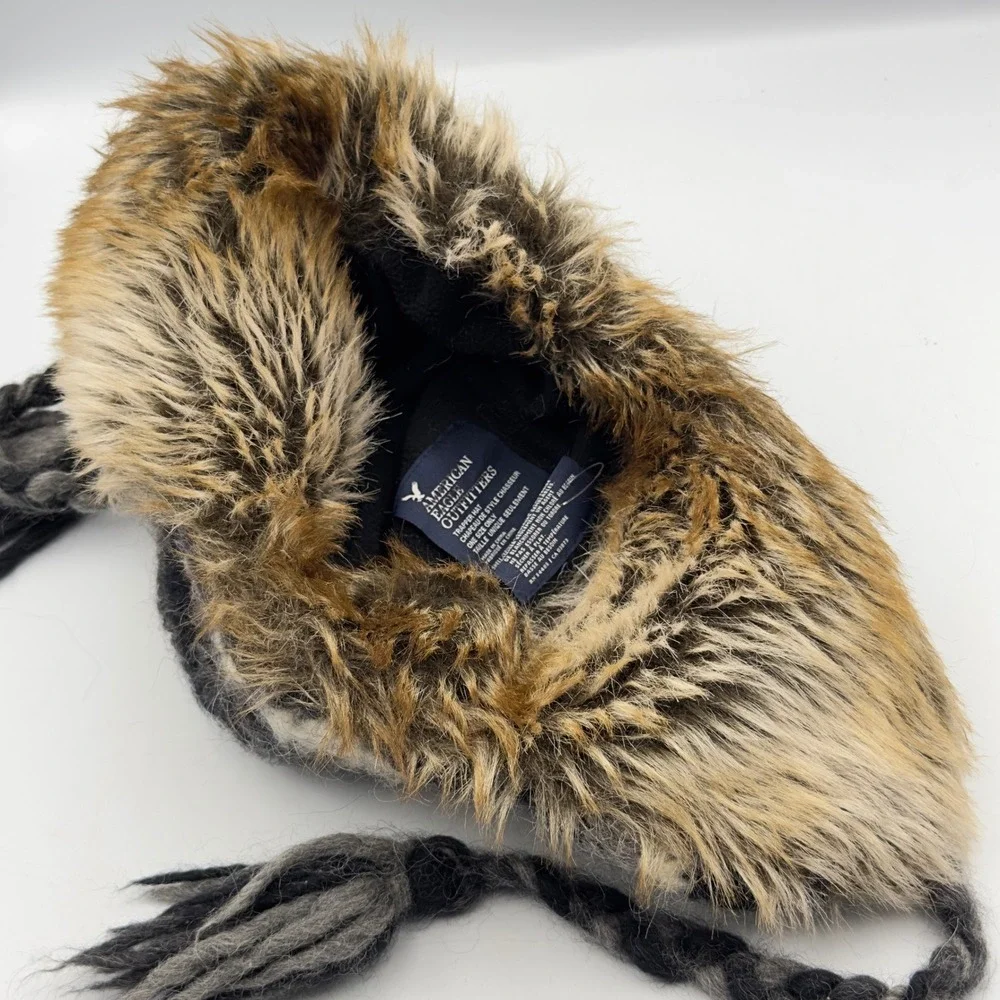 American Eagle Trapper Hat Gray Wool Alpaca Knit Faux Fur Y2K OS Winter Beanie